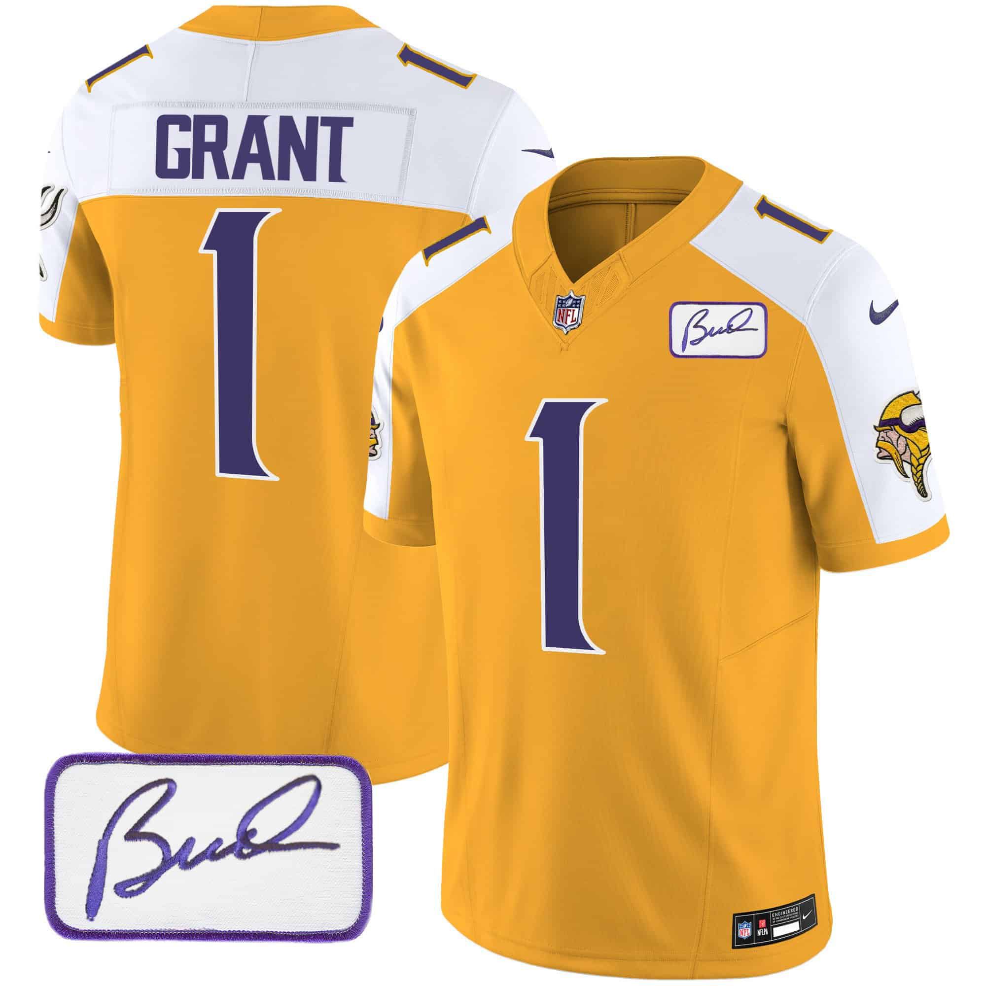 Men Minnesota Vikings #1 Grant Yellow 2024 Nike Bud Grant Patch Classic Limited NFL Jersey style 1